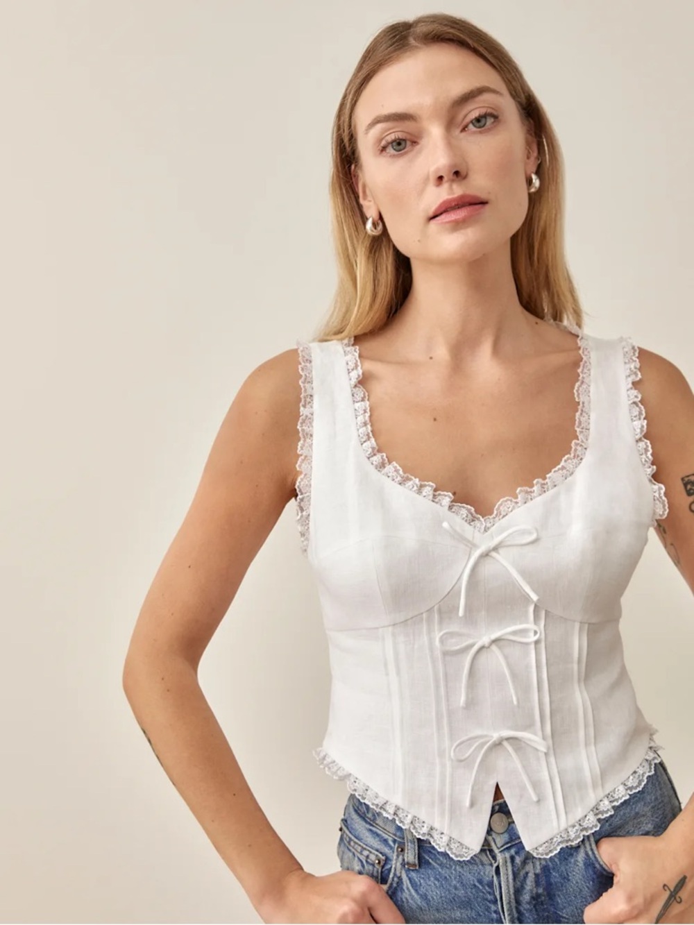 Reformation White Lace-Trim Corset Tank